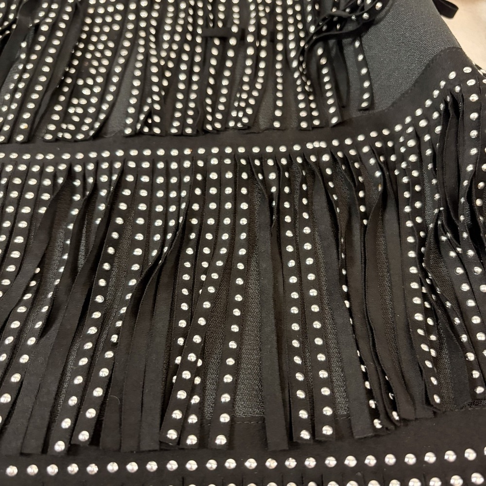 Mainstrip Black Faux Leather Studded Fringe Mini Skirt Large Western Cowgirl EUC - Picture 3 of 8